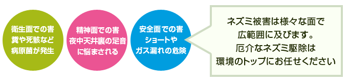 ネズミ被害は様々な面で広範囲に及びます。厄介なネズミ駆除は環境のトップにお任せください。