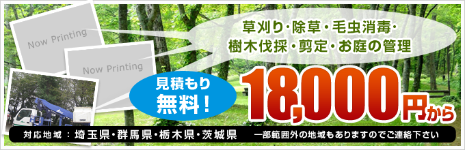 草刈り・除草・毛虫消毒・樹木伐採・剪定・お庭の管理。見積もり無料！
18,000円から。
対応地域：埼玉県・群馬県・栃木県・茨城県。
一部範囲外の地域もありますのでご連絡下さい。