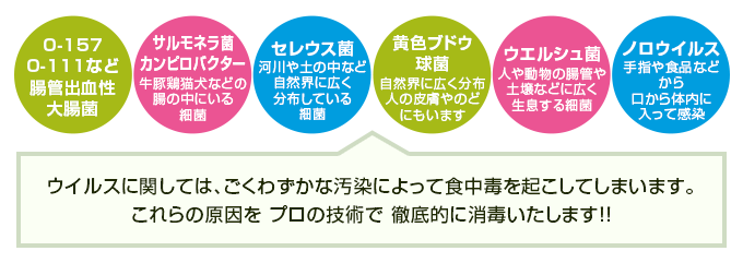 ウイルスに関しては、ごくわずかな汚染によって食中毒を起こしてしまいます。これらの原因をプロの技術で徹底的に消毒いたします!!